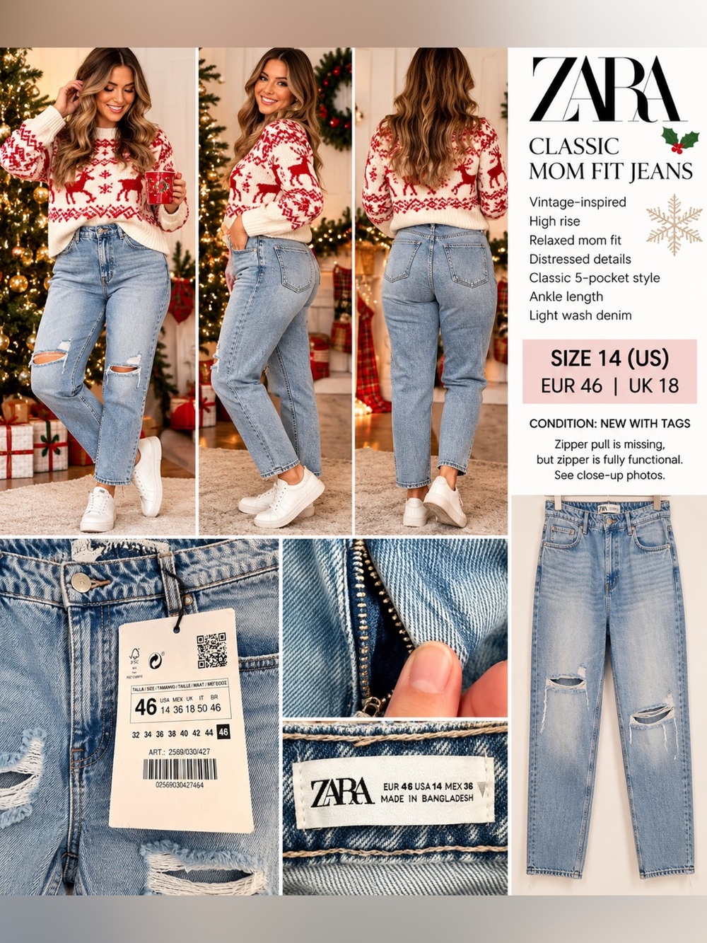 Zara Classic Mom Fit Distressed Jeans Size 14 EU 46 NWT Light Wash